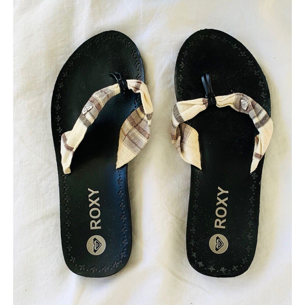 Roxy Flip Flop Sandals Pancho Size 7 Woven Fabric Neutral Stripe Beach Coastal